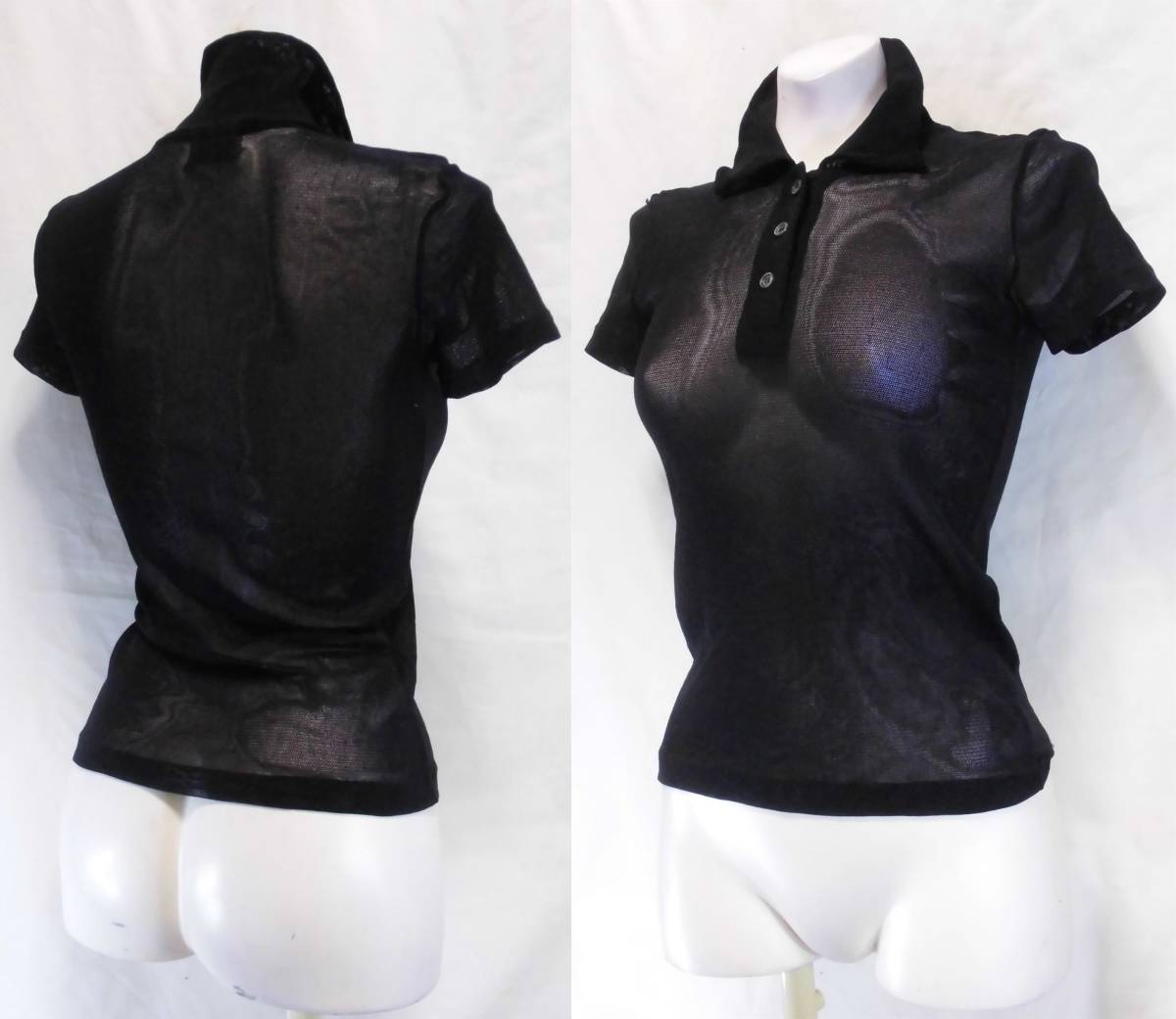 [ unused ( storage goods )] polo-shirt with short sleeves [ see-through mesh. stretch lace fabric ] ( size :M) nylon 100% [ made in Japan ]...10~20cm stretch!