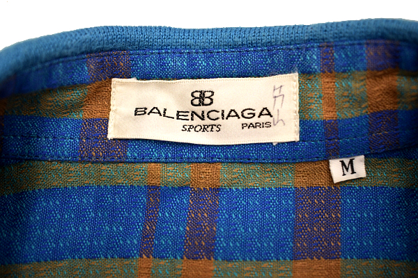 Y-5728★送料無料★美品★BALENCIAGA SPORTS バレンシアガ★90s ヴィンテージ 春夏 リネン コットン 胸ロゴ刺繍 青 チェック 長袖シャツ M_画像4