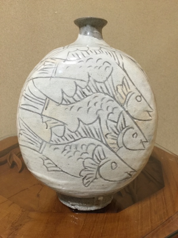 未使用 　遺作展作品 　吉田 明 　 魚紋三嶋　偏壺_画像1