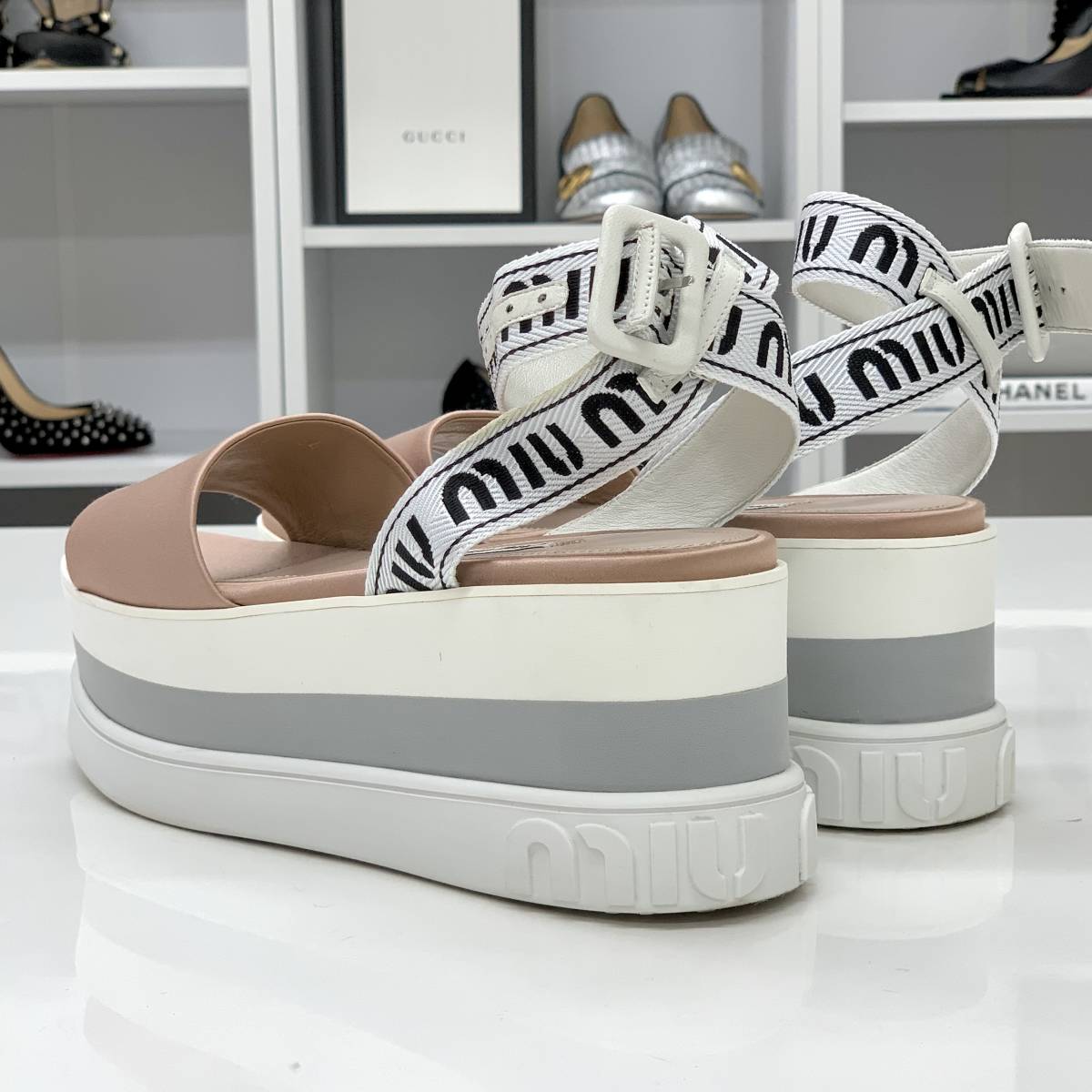 5594 MiuMiu satin Logo strap thickness bottom sandals pink 