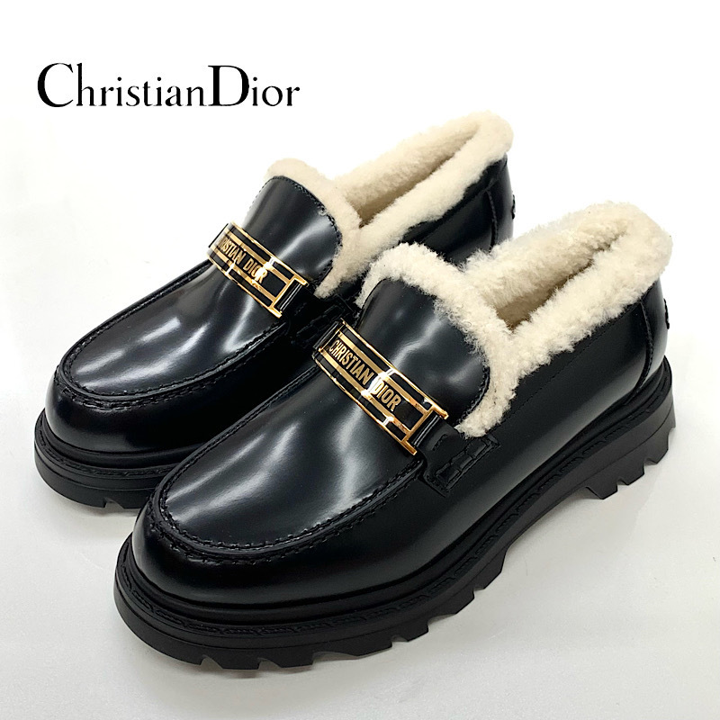 6922 未使用 クリスチャンディオール DIOR CODE レザー ボア ロゴ ローファー ブラック_画像1