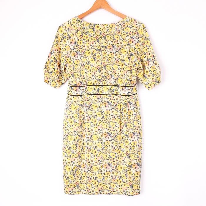  Untitled short sleeves One-piece floral print total pattern round neck pleat knee on height made in Japan lady's 2 size yellow UNTITLED