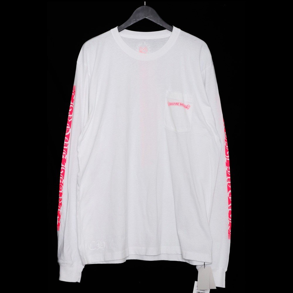 未使用 CHROME HEARTS NEON PINK STRIPE LOGO L/S T-SHIRT XL ホワイト