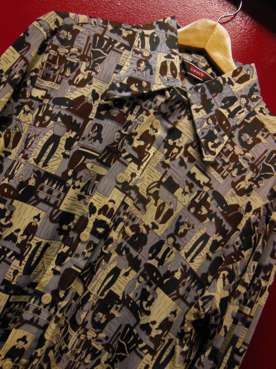 70S ビンテージ US古着 LEVI'S リーバイス ポリシャツ開拓時代のサルーン酒場プリント/Lサイズ