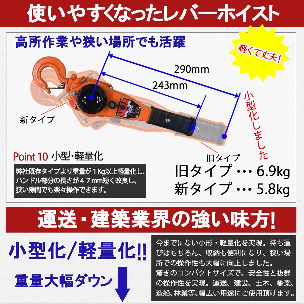 レバーホイスト 1ton 揚程1.5m 1000kg 1トン 軽量化 小型化 チェーンローラー 高品質 チェーンブロック ガッチャ がっちゃ レバーブロック_画像4