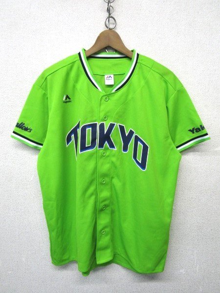 V1909：majestic NPB 東京ヤクルトスワローズ 燕パワーユニフォーム ベースボールシャツ ゲームシャツ 野球シャツ 黄緑系 フリーサイズ:35_画像1