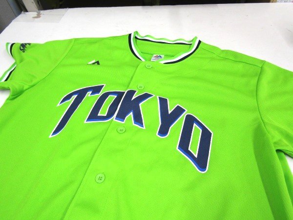 V1909：majestic NPB 東京ヤクルトスワローズ 燕パワーユニフォーム ベースボールシャツ ゲームシャツ 野球シャツ 黄緑系 フリーサイズ:35_画像6