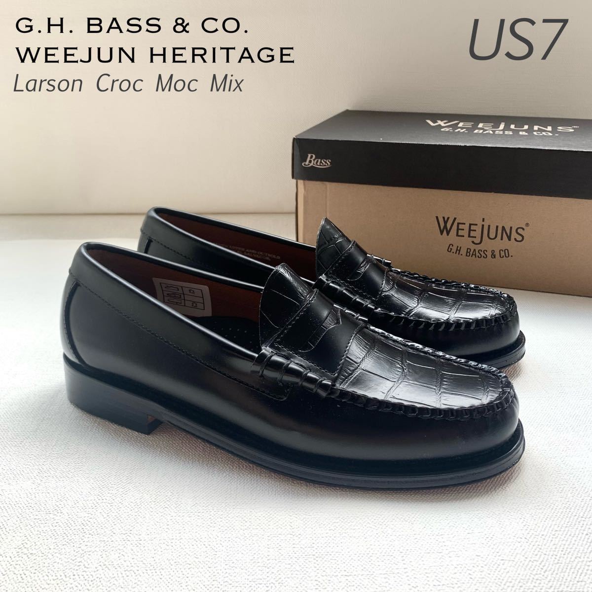 新品レア G.H. BASS バス WEEJUN HERITAGE Larson Croc Moc Mix ラーソン クロコ型押し コンビ ローファー US7 黒 ブラック 25㎝ 送料無料