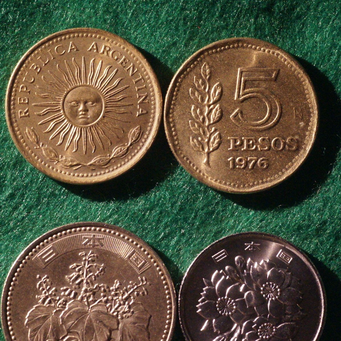★1974-78年「5月の太陽」3種3枚★アルゼンチン旧ペソレイ(ARL)コイン_画像3