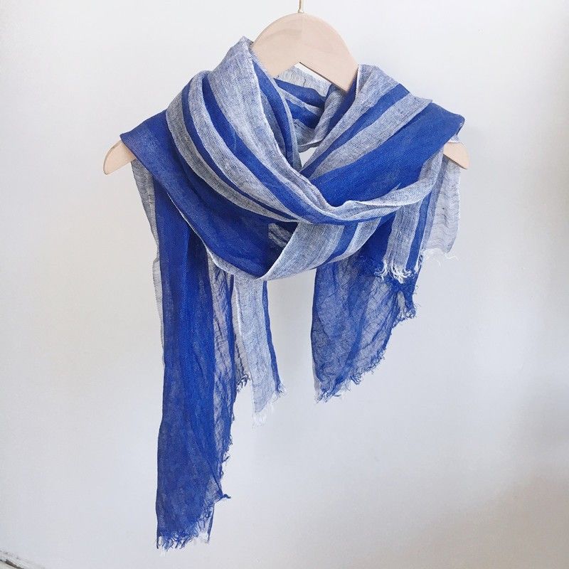  ストール 夏 麻100% 大判 薄手上質 天然リネン 亜麻 縞模様 ブルー色 ショール UVカット スカーフ 冷房対策プレゼント