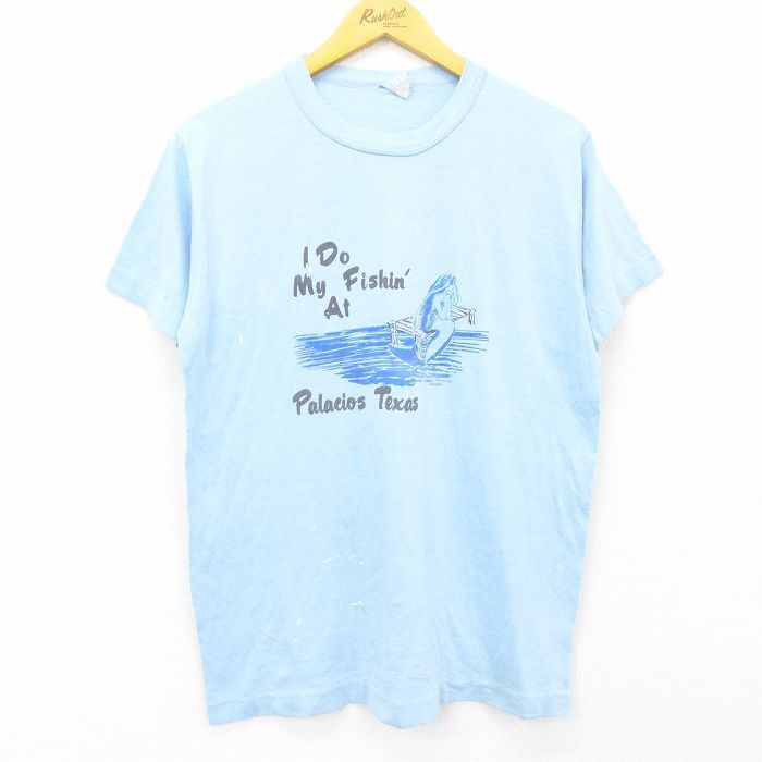 M/古着 半袖 ビンテージ Tシャツ メンズ 80s 人魚 クルーネック 薄紺