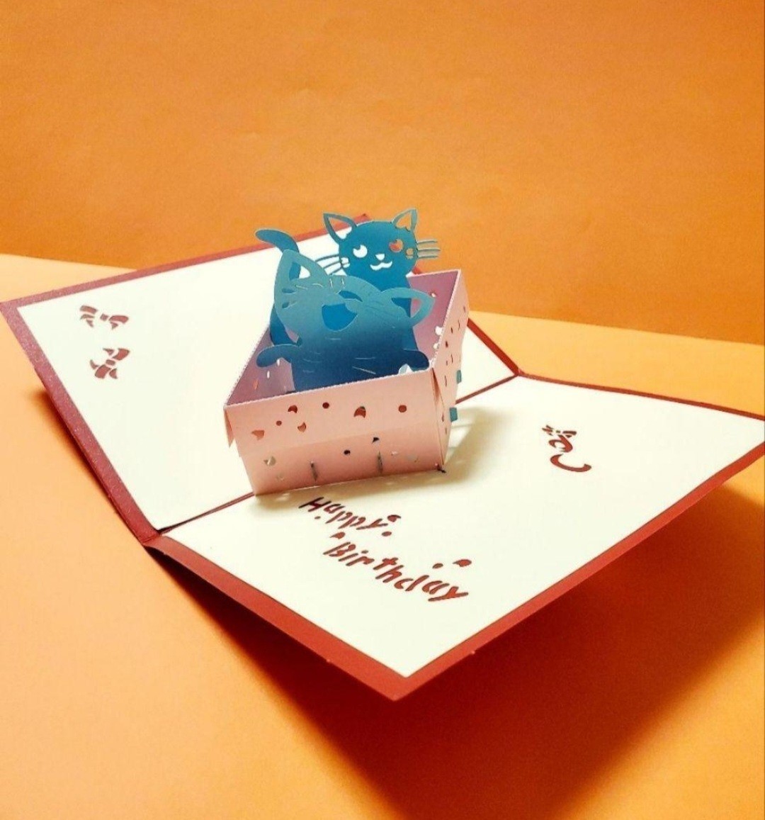 立体カード　HANAKO　飛び出すカード　箱入り猫　誕生日カード　猫のカード