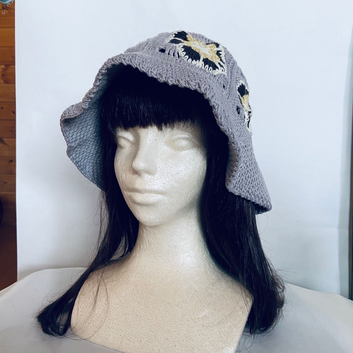 バケットハット　ニット帽　アフリカンモチーフ　ブラウン系　ローズグレー　UVコットン コットン帽子