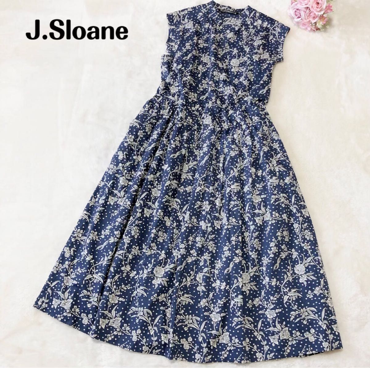 美品 J Sloane リバティ 花柄 ドット ワンピース ネイビー 2|PayPayフリマ