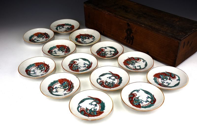 【蔵A1264】中国古美術 南京色絵龍紋小皿 十三枚