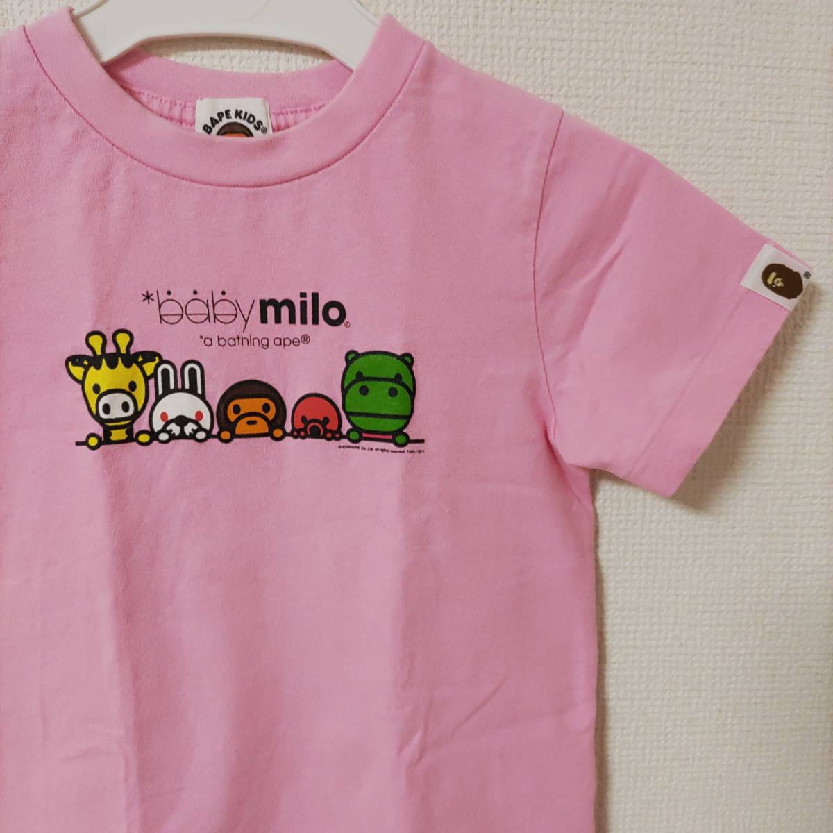 金タグ日本製ノーウェア!アベイシングエイプA BATHING APEキッズ半袖BAPE KIDSベビーマイロTシャツ100cmピンクPINKウサギ兎baby miloベイプ_画像4