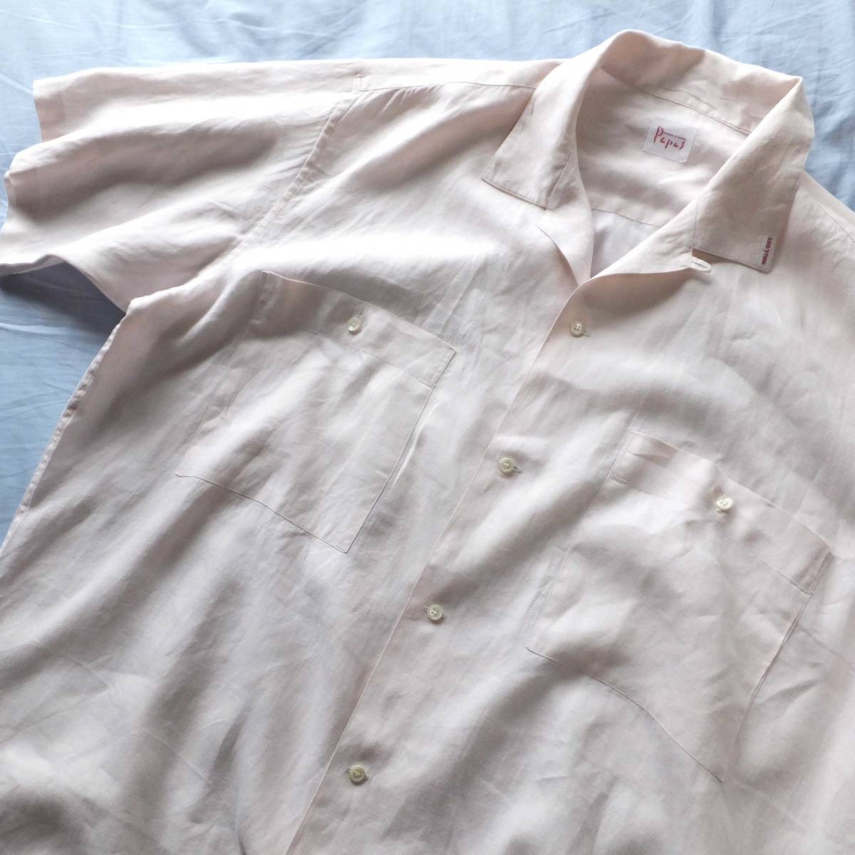 Papas　パパス　メンズ　リネン100％　半袖　開襟シャツ　大きい Lサイズ　桜色　薄ピンク　麻100％　ダブルポケット　ビンテージ