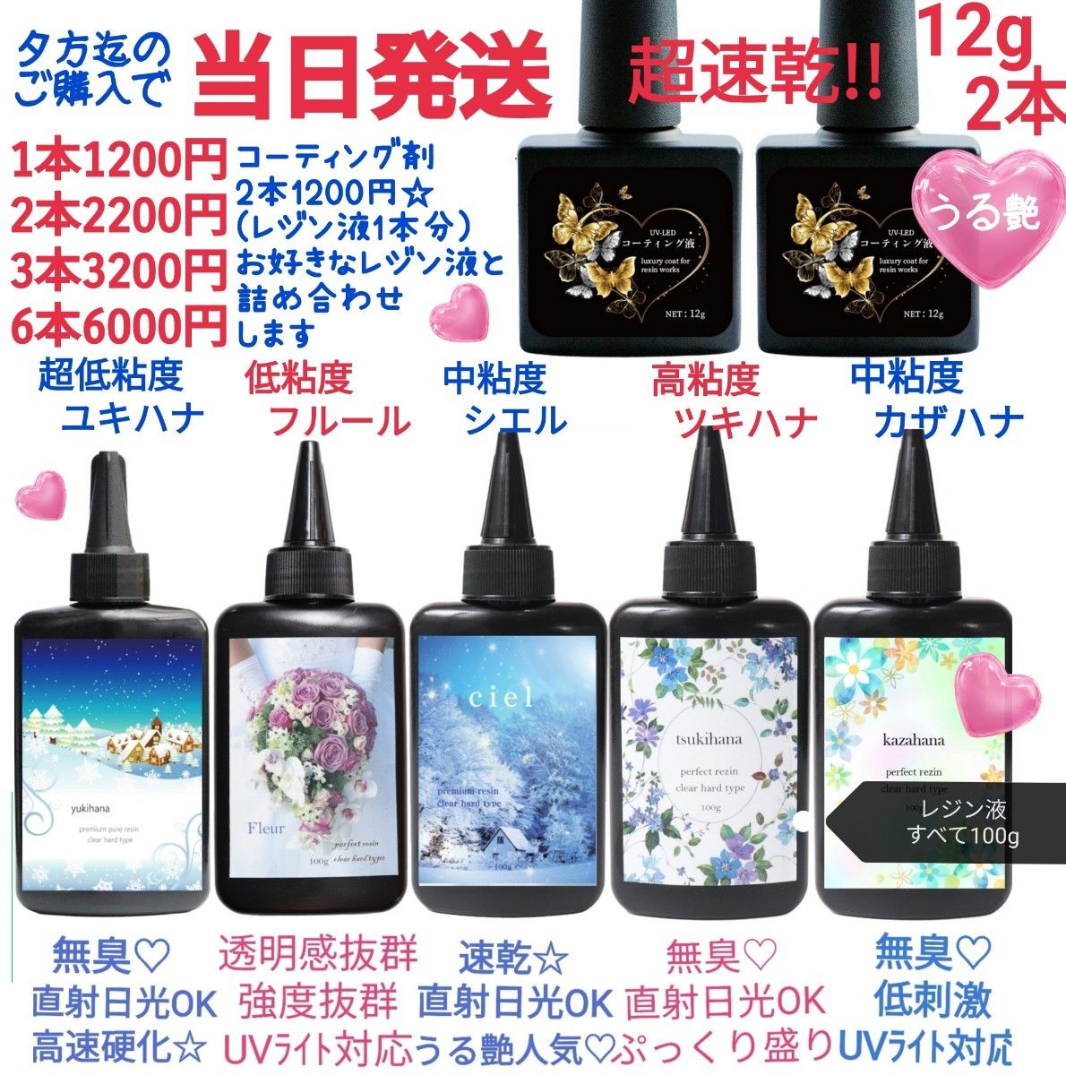 レジン液とセットでお得 超速乾&直射日光でも黄変ゼロ うる艶レジン用