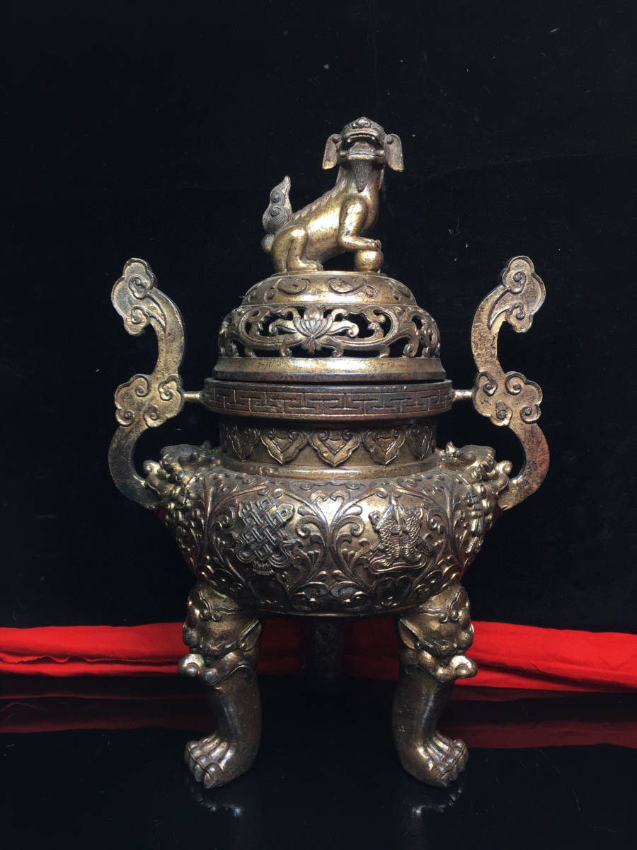 『館蔵珍品 銅製 如意耳 三獣足 獅子熏香炉』置物 賞物 貴重物品 収蔵品 中国古美術