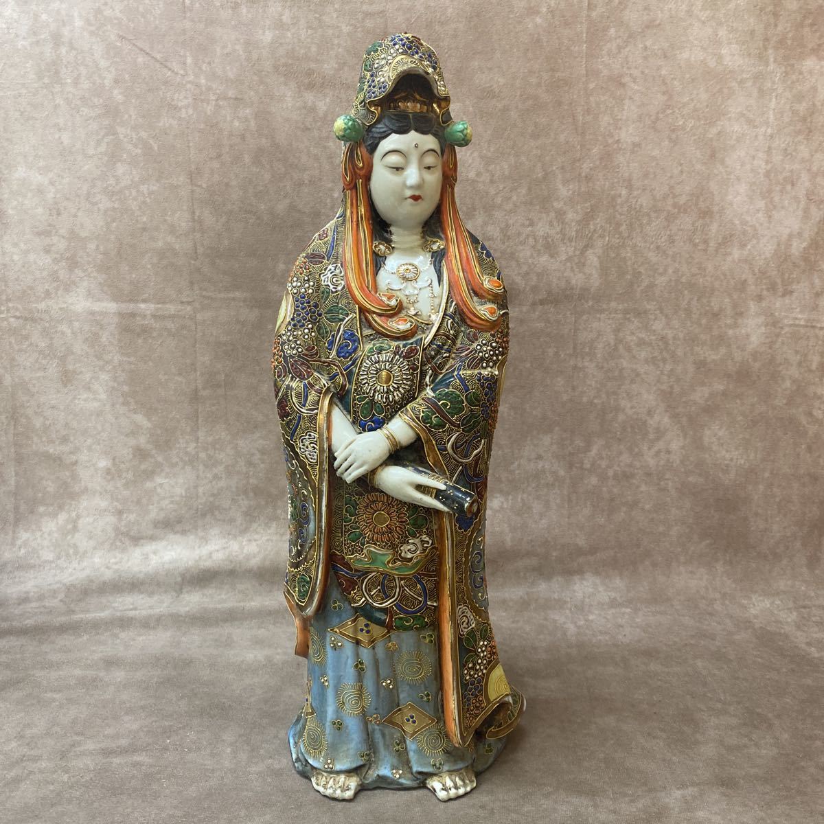 九谷焼 観音菩薩像 高さ約45cm 仏教美術 色絵 金彩 陶器 立像 仏像