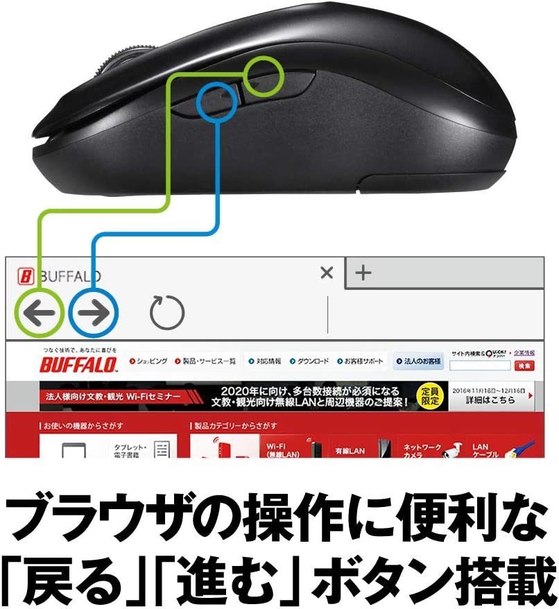 0622-8 バッファロー マウス 無線 ワイヤレス 5ボタン 戻る/進むボタン搭載 小型 軽量 節電モデル BlueLED ブラック BSMBW315BK_画像4