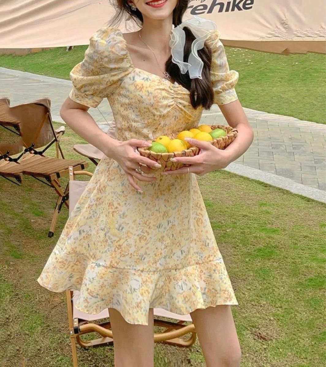 Alice+Olivia 春夏 ミニ ドレス ワンピース フレア 花柄 イエロー 新品】韓国 レディース ミニワンピース 花柄 フリル フレア