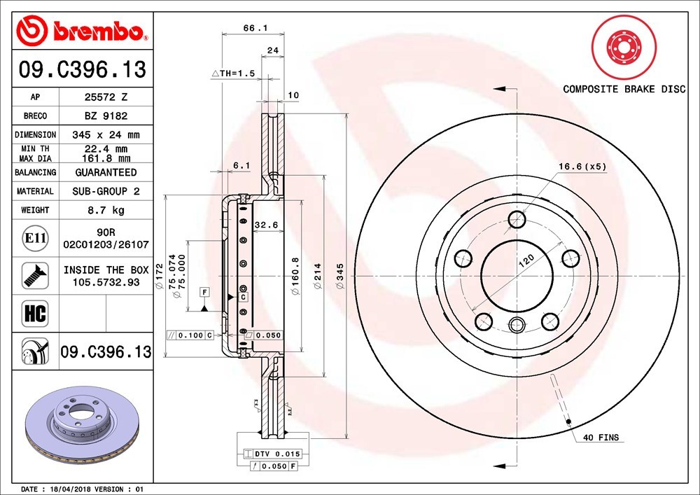 brembo ブレーキローター リア BMW 3シリーズ(F30) 3D20 8C20 H24.9～ 320d セダン Op.Mパフォーマンスブレーキ Rr:345mm プレーンディスク_画像3