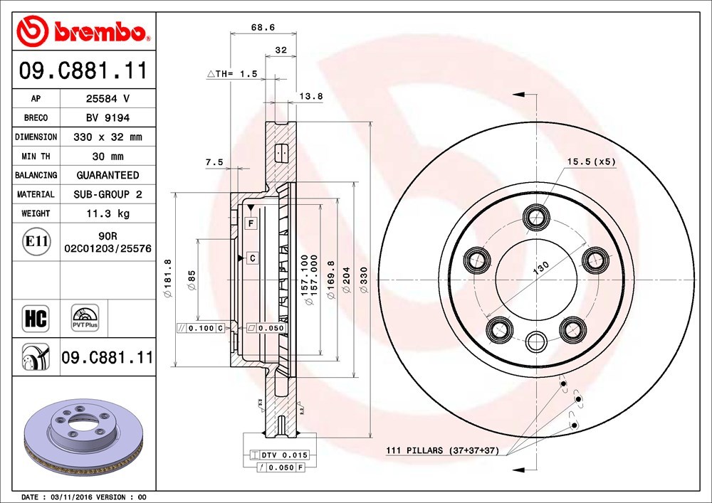 brembo ブレンボ ブレーキローター 1台分セット ポルシェ カイエン (957) 9PAM5501 H18.12～H22.3 V6 3.6L_画像3