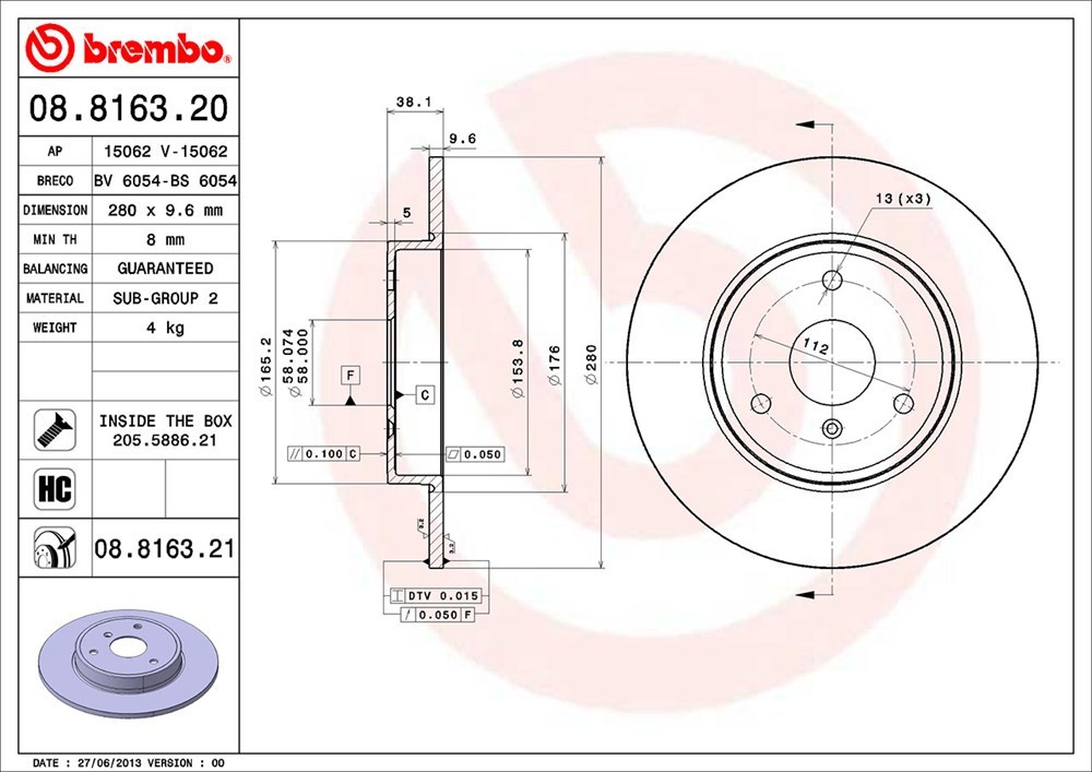 brembo тормозной диск передний MCC Smart For Two электрический Drive 451390 451392 H24~ основа комплектация / Brabus 