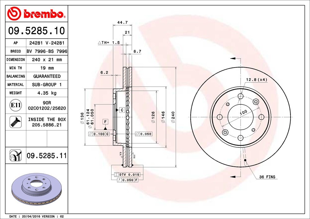 brembo ブレンボ ブレーキローター フロント用 シビックフェリオ EK2 H7.9～H12.9 AT_画像3