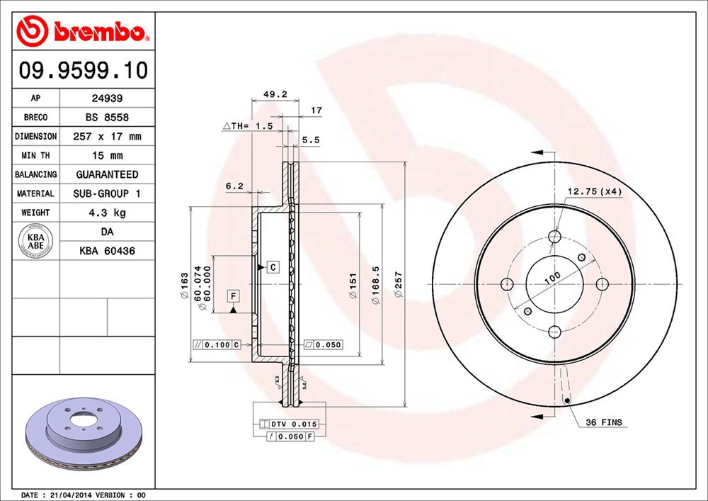 brembo ブレンボ ブレーキローター フロント用 Keiワークス HN22S H14.11～ ターボ_画像3