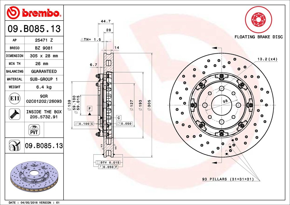brembo ブレンボ フローティングブレーキローター フロント用 アバルト595 312142 H25.1～ 50thアニバーサリー Brembo 2ピースディスク_画像3