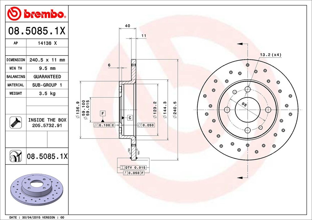 brembo ブレンボ エクストラブレーキローター リア用 フィアット ニューパンダ 16912Q H17.4～H25.6 4×4 1.2L_画像3