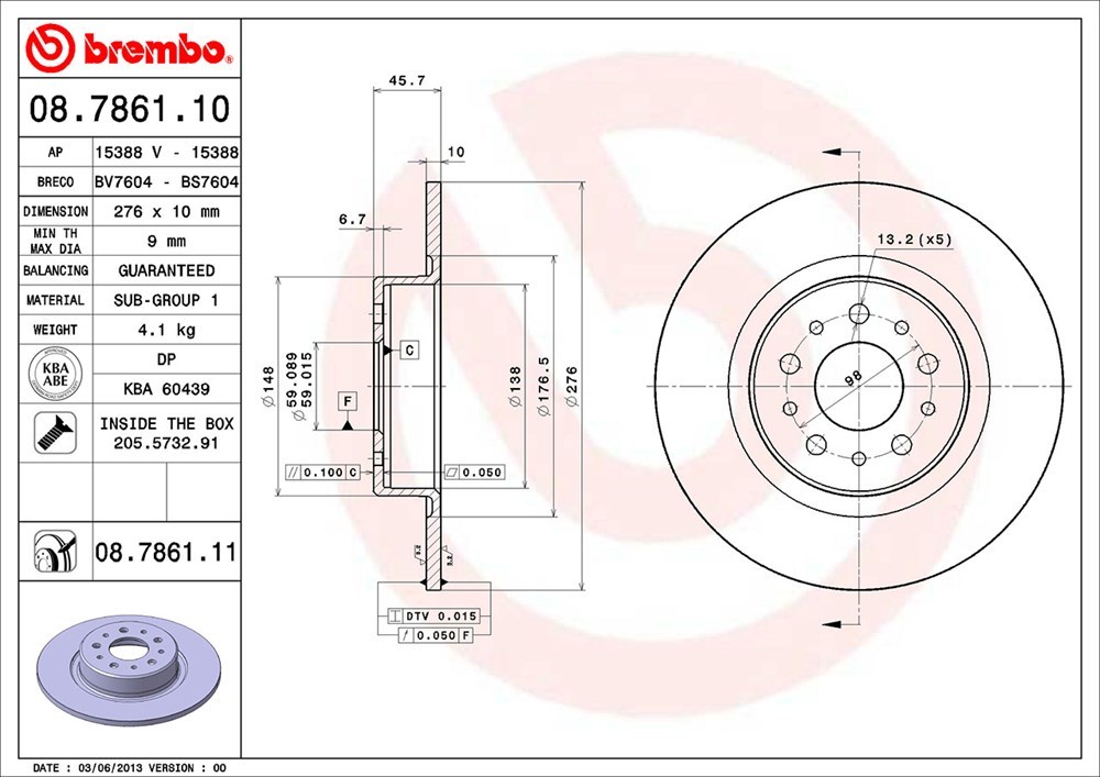 brembo ブレンボ ブレーキローター リア用 アルファロメオ アルファ156スポーツワゴン 932BXB H15.11～ AT GTA 3.2L 0588973～ 右ハンドル_画像3