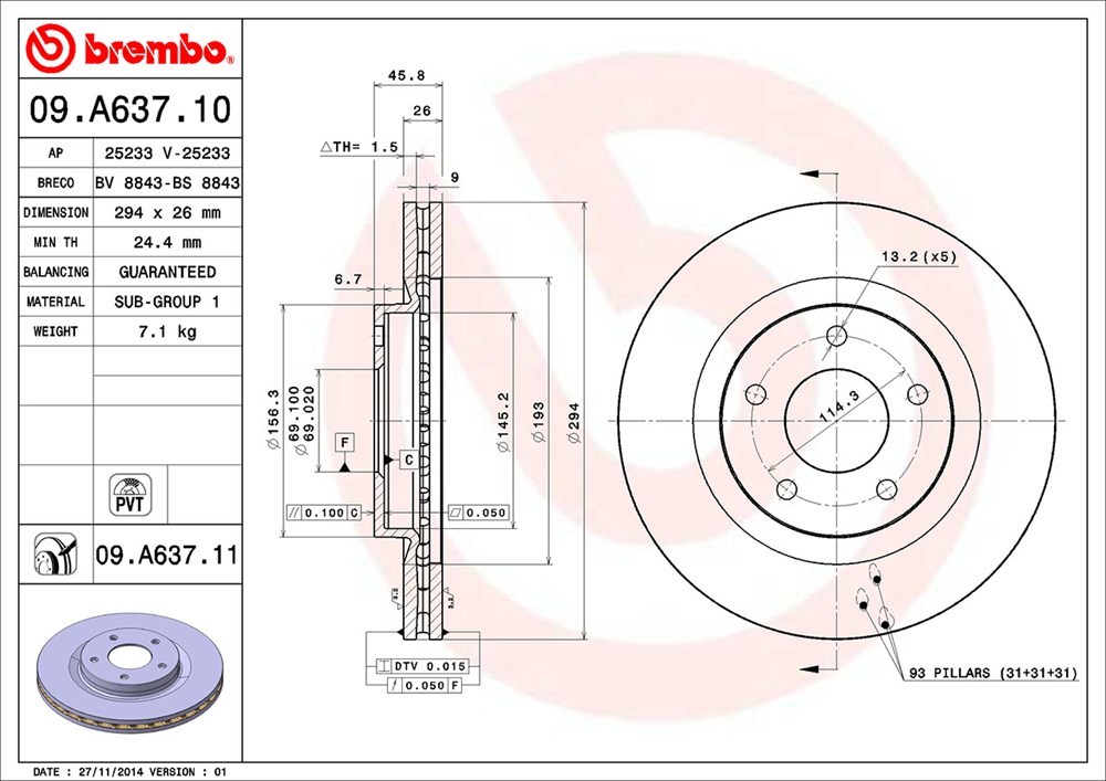 brembo ブレンボ ブレーキローター フロント用 ジープ コンパス MK49 H24.3～ FF 2.0L ABS付 リア:262mmディスク車_画像3