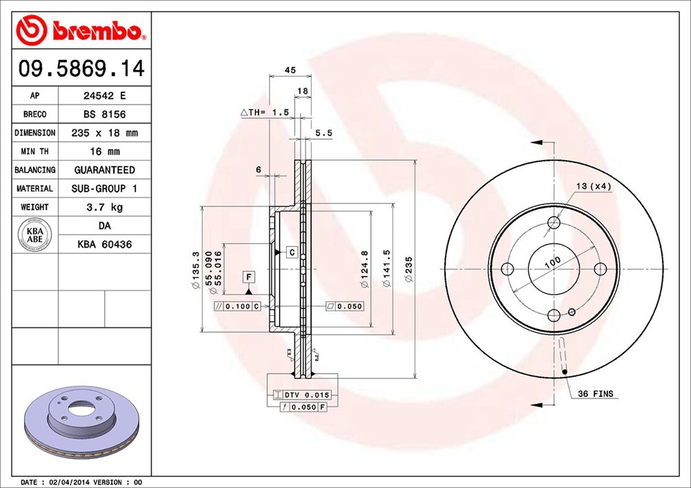 brembo ブレンボ ブレーキローター フロント用 フェスティバミニワゴン DW3WF DW5WF H8.7～_画像3