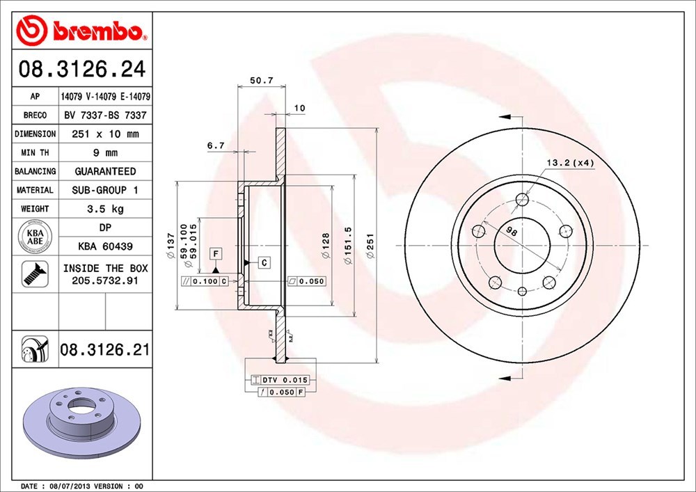 brembo ブレンボ ブレーキローター リア用 アルファロメオ アルファ156 932AC H10～H13.12 2.5 V6 24V(TI含む)_画像3