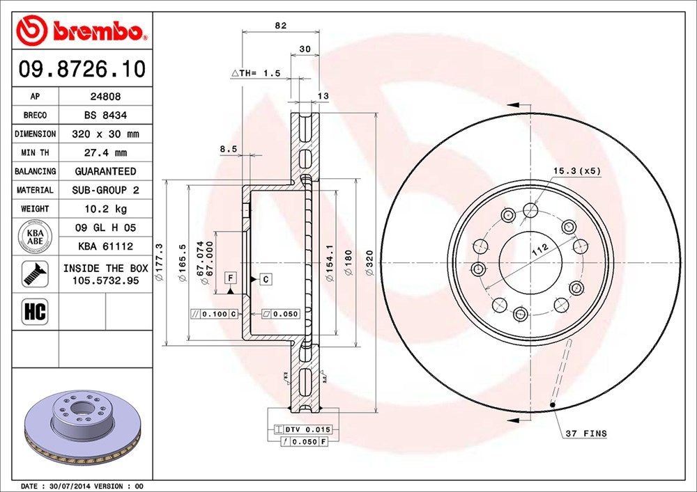 brembo ブレーキローター フロント用 メルセデスベンツ Sクラス (W140) 140043 H3～H6.7 400SEL ベルハウジング177.3/ハブボルト15.3_画像3