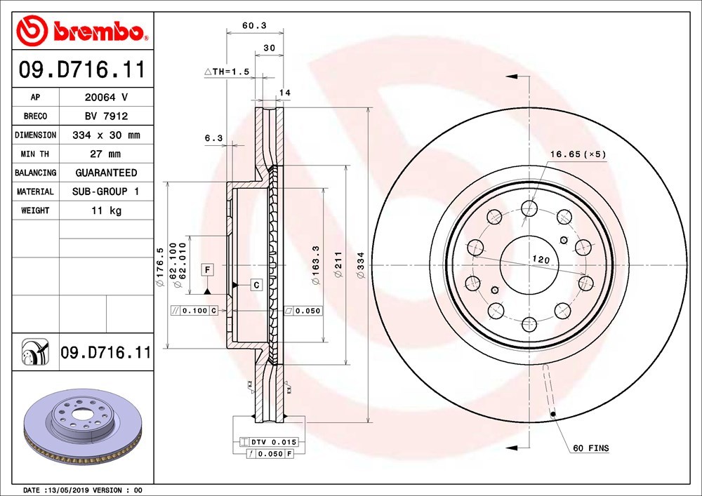 brembo ブレンボ ブレーキローター フロント用 レクサス LS460 USF40 H18.8～H29.10 ベースグレード 4POT 外径334mm×30_画像3