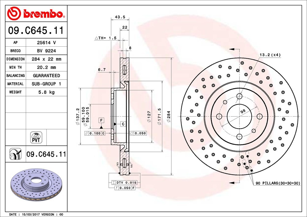 brembo ブレンボ ブレーキローター 1台分セット アバルト500 312142 31214T H25.1～ ツーリズモ_画像3