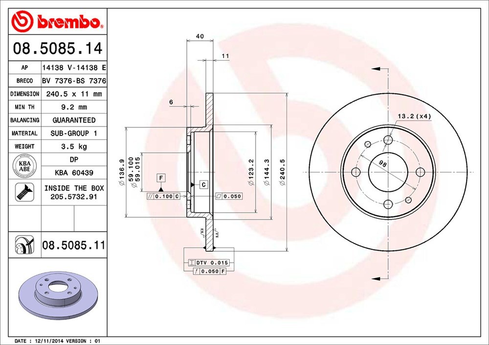 brembo Brembo тормозной диск для одной машины комплект Lancia Dedra A835A5 H1~H11 2.0 i.e ATE