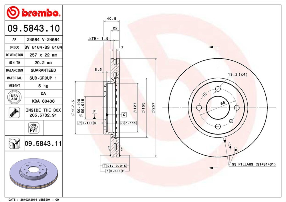 brembo ブレンボ ブレーキローター フロント用 フィアット 500C (チンクェチェント シー) 31214 H20.3～ 16バルブ 1.4L_画像3