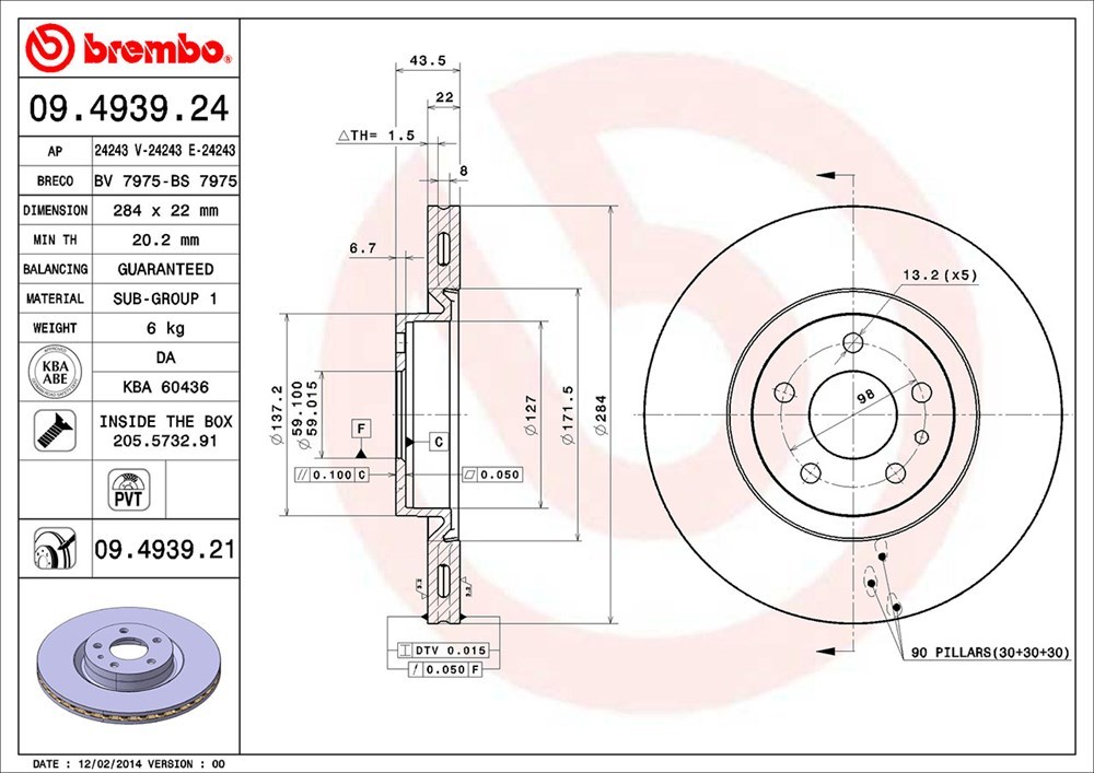 brembo ブレンボ ブレーキローター 1台分セット アルファロメオ アルファ156 932A2 H10～H13.12 2.0 ツインスパーク 16V_画像3