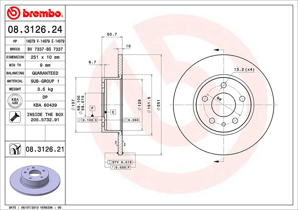 brembo ブレンボ ブレーキローター 1台分セット アルファロメオ アルファ156 932A2 H10～H13.12 2.0 ツインスパーク 16V_画像4