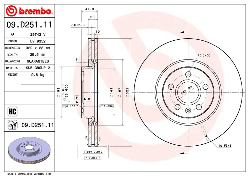 brembo ブレンボ ブレーキローター フロント用 ボルボ S90 PB420 H29.12～ FF 2.0 T5_画像3