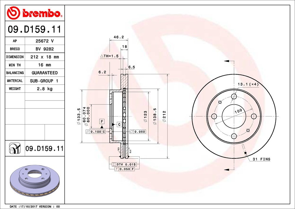 brembo ブレンボ ブレーキローター フロント用 サンバーディアスバン TV1 TV2 TT1 TT2 H11.2～H16.7_画像3