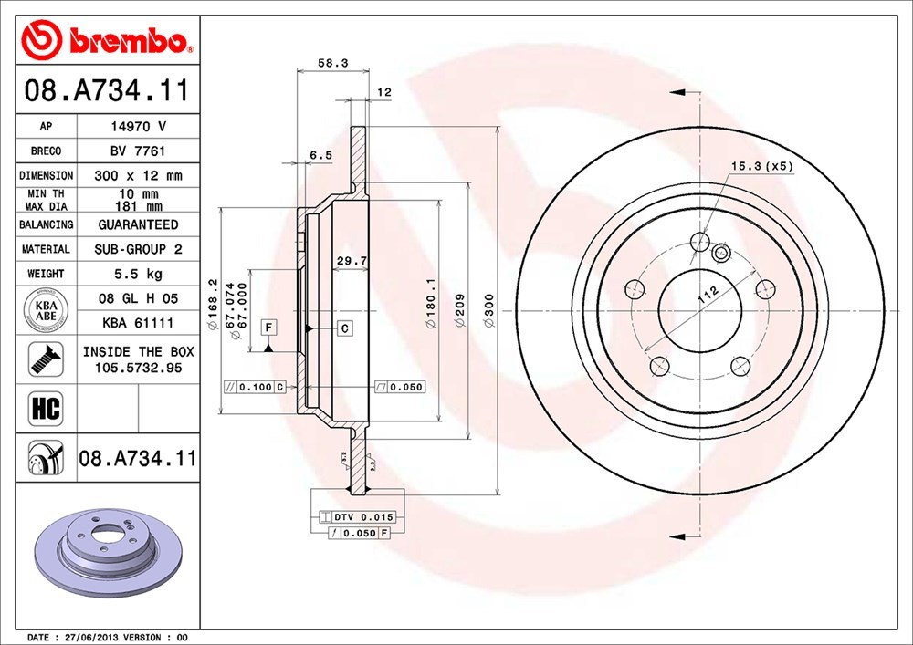 brembo ブレーキローター 1台分セット ベンツ Sクラス(W221) 221171 H17.10～H23.7 S500L/S550L AMGスポーツ含む Rr:ソリッドディスク車_画像4