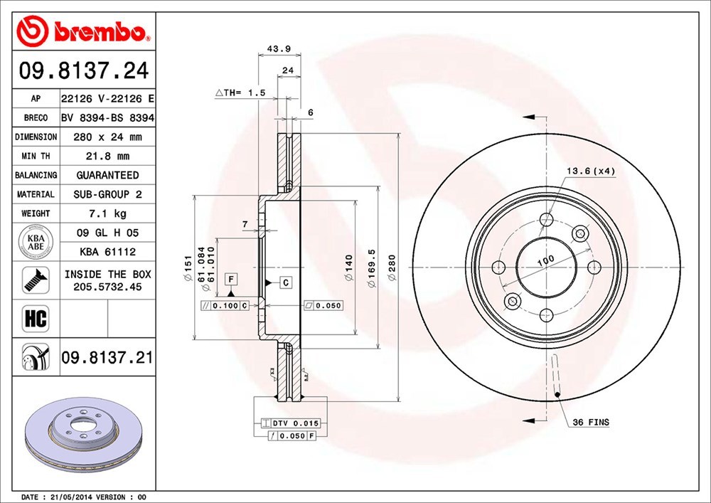 brembo ブレンボ ブレーキローター フロント用 ルノー メガーヌ KMK4M KMF4 H16.6～ 16バルブ ツーリングワゴン 1.6L/2.0L_画像3