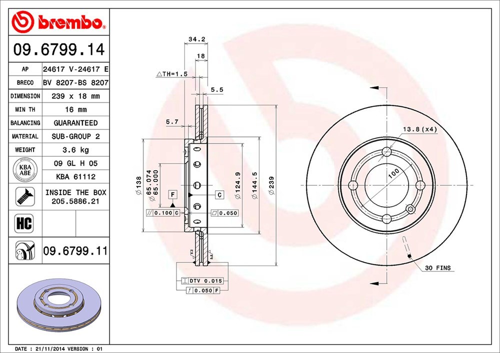 brembo ブレンボ ブレーキローター フロント用 フォルクスワーゲン ポロ 6NAEE H8.8～H12.4 MT 1.6L フロント:ベンチディスク_画像3