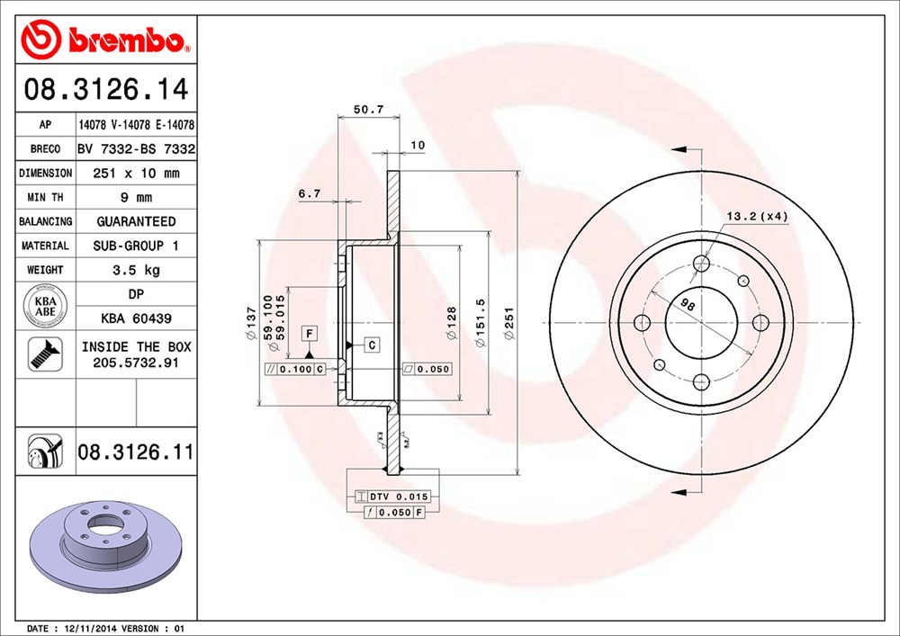 brembo ブレンボ ブレーキローター リア用 ランチア テーマ A834E S60～S63.10 2.8 V6_画像3